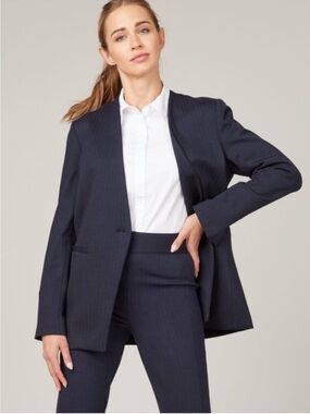 Spanx Perfect Collarless Blazer Navy Blue Pinstripes Size Small Style 20384R